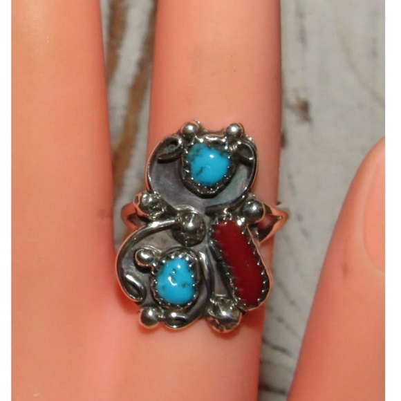 Navajo Kingman Turquoise Coral Ring Sz 8 Sterling Native American Signed - Picture 3 of 4